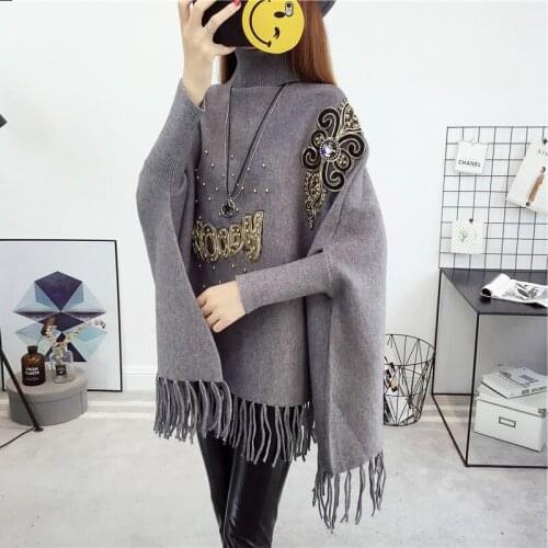 2021 Autumn And Winter New Bat Shirt Loose Beaded Sweater High Collar Cloak Shawl Jacket Tassel Female