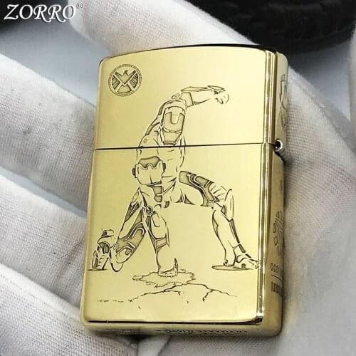 Zorro Kerosene Lighter Pure Copper Carving Classic Cartoon Pattern Iron Gasoline Lighter Men Gift Outside Tool