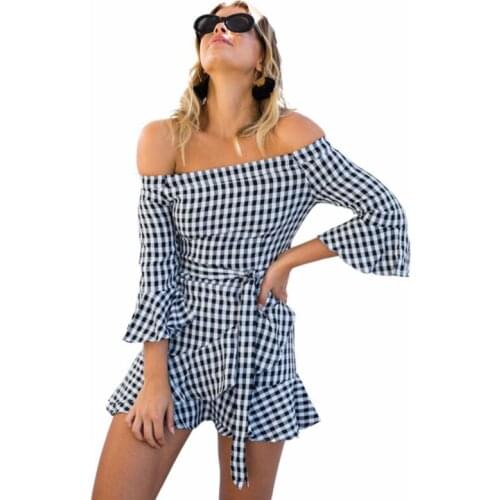 Off Shoulder Plaid Summer Casual Dress Slash Neck Butterfly Sleeve Cotton Mini Dress Women Sashes Loose Women Dress