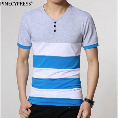 Quality Fashion Cotton Man T-shirt Short Sleeve V-neck Stripe Male Casual Buttons Summer White Navy Grey Men T Shirt