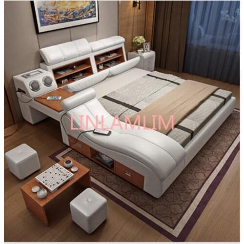 Genuine leather bed frame Soft Beds massager storage safe speaker LED light Bedroom cama muebles de dormitorio / camas quarto