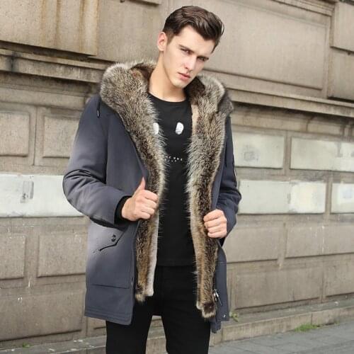 Real Rex Rabbit Fur Liner Winter Coat Men Parka Hooded Real Raccoon Fur Collar Fashion Men Coat High Quality Men Clothing
