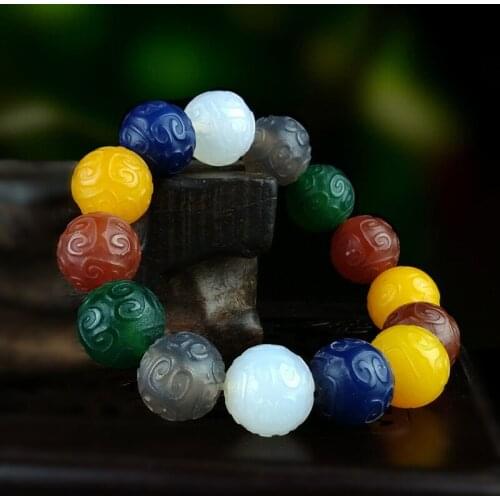 Natural Hand Carved Agate Chalcedony Beads Bracelets 16mm Multi gemstone Bracelet jade b Mens Women jade bangle