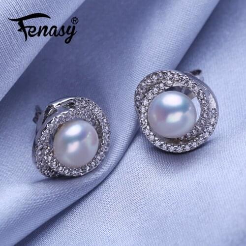 FENASY Natural Freshwater Pearl Big Size Geometric Silver Color Stud Earrings Wedding Engagement Jewelry