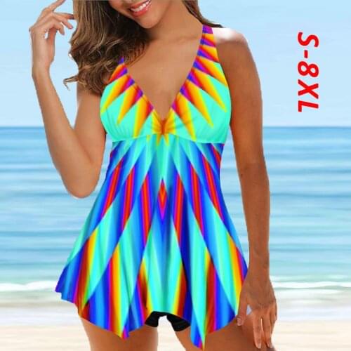 2021 New Women Plus Size 8XL 2 Piece Tankini Large Size Swimwear Swimdress Swim Dress Swimsuit Top Print Colorful Bathing Suit