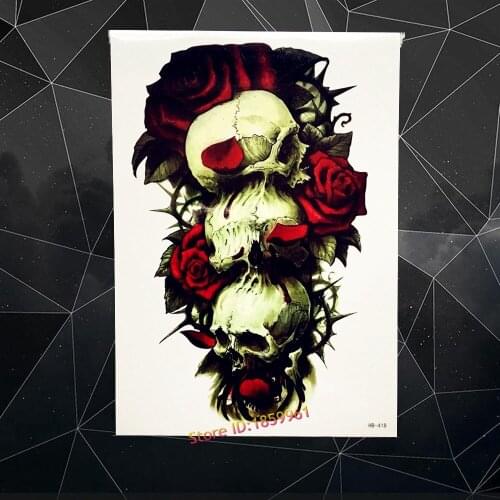 New Nontoxic Waterproof Arm Leg Decals Flash Tattoo Sleeve AHB418 Skull Link Red Roses Design Body Art Temporary Tattoo Stickers