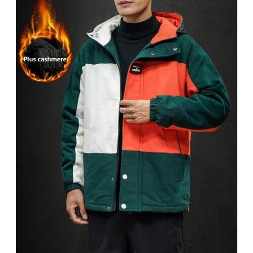 Men Winter Coat Winter Japanese Male Large Size 5XL Contrast Stitching Imitation Lamb Wool Warm Hooded Cotton Coat Men Clothing