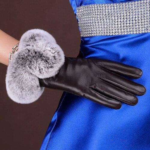 2018 New Genuine Leather Women Gloves Touch Screen Cape Glove Winter Rabbit Fur Women Gloves