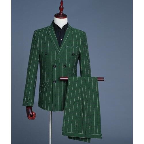 Singer star style stage clothing for men lattice suit set with pants 2020 mens wedding suits costume men formal dress green