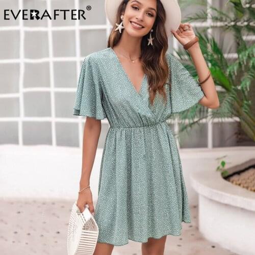 EVERAFTER Sexy polka dot women dress summer V-neck ruffles high waist holiday casual beach dress a line female boho midi dress