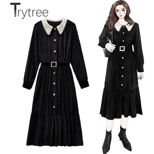 Trytree 2021 Spring Autumn Womens Dress Casual Lace Peter pan Collar Pearl Belt Elegant Velvet A-line Office Lady Black Dress