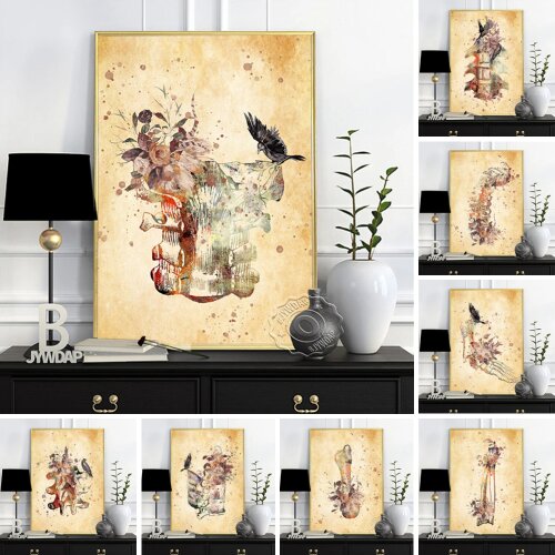 Watercolor Anthropotomy Prints Poster, Flowers Body Skeleton Vintage Canvas Painting, Sketch Person Bone Wall Picture Home Decor