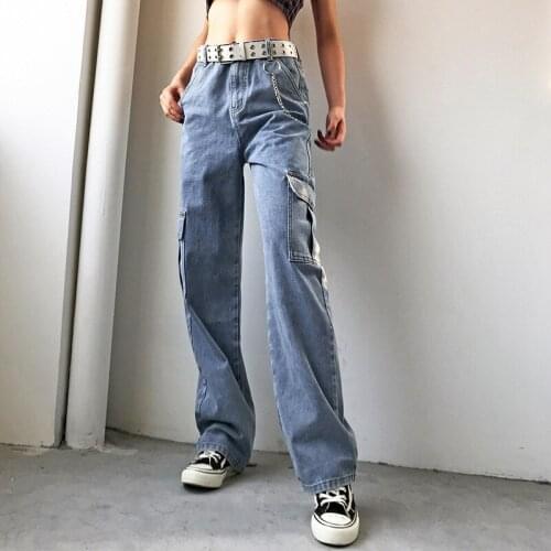 Korean Style Casual Wild Jeans High Waist Fashion Solid Color Pocket Stitching Trousers Chic Cool Girls Straight Cargo Pants