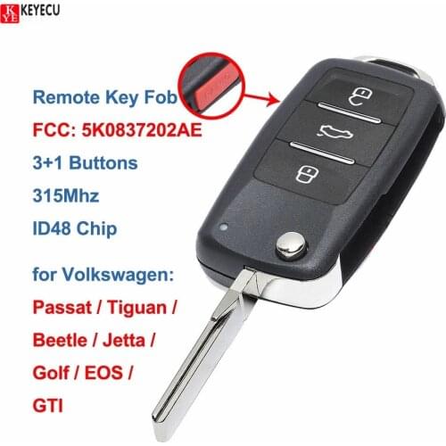 Keyecu Remote Key 4 Buttons 315MHz ID48 for Volkswagen Beetle Jetta Eos Golf Tiguan GTI 2011 2012 2013 5K0837202AE