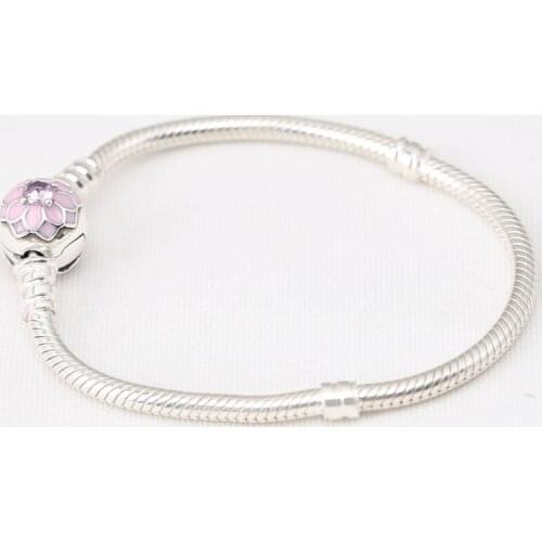 S925 Bracelet Bangle for Women Dahlia Bloom Charm Clasp Pale Cerise Enamel & Pink CZ fit Lady Jewelry