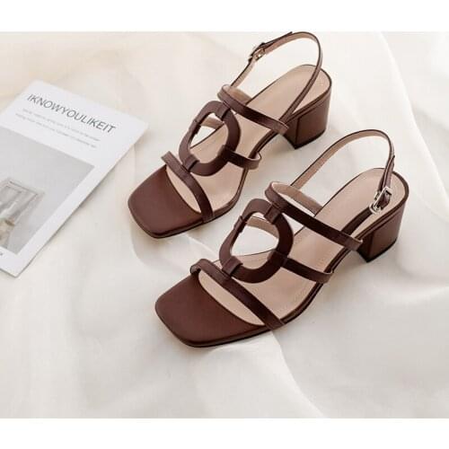 Fashion Black Brown Colors Sandals High Quality Cow Leather Comfortable Square Heel Shoes Buckle Women Sandals