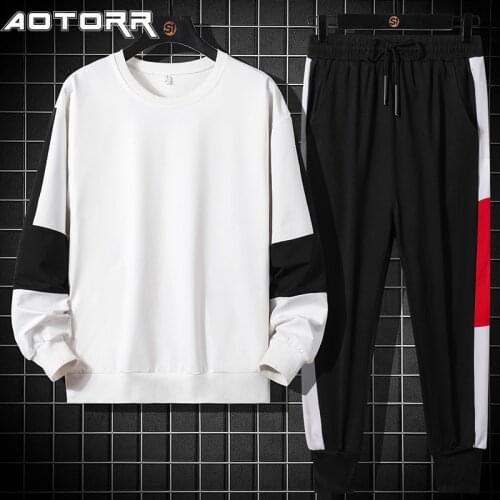 2021 Autumn New Casual Sportswear Mens Fashion 2 Piece Set Patchwork Sweatshirt Sports Trousers Loose Sets Tracksuit Men