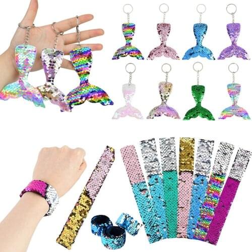 Magic Paillette Mermaid Patted Bracelets Two-Color Sequin Reversible Glitter Cute Mermaid Keychain Toys Bracelet Accessories