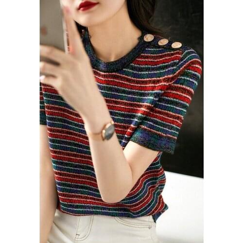 Womens Ice Silk T-shirt 2020 New Summer New Temperament Round Neck Short Sleeve Sweater Top Thin Striped Retro