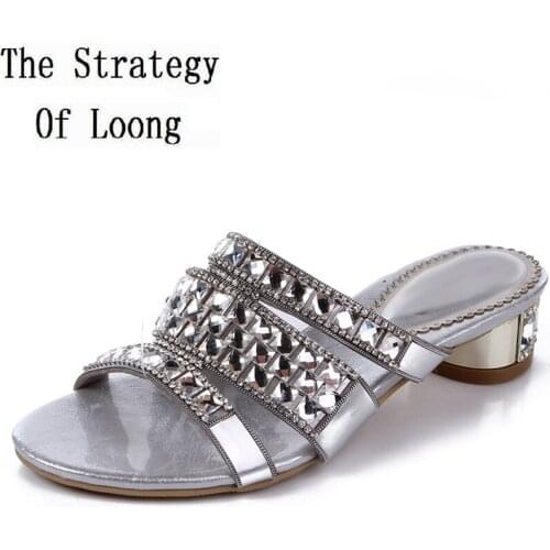 Women 2019 Summer New Low-heel Rhinestone Thick Heel Fashion Slippers Cutout Big Small Size 33 42 43 Sexy Sumptuous Slippers