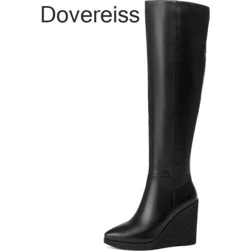Dovereiss Fashion Womens Shoes Winter Goth Platform Zipper Genuine Leather Pointed Toe Wedges Knee High Boots New 40 41