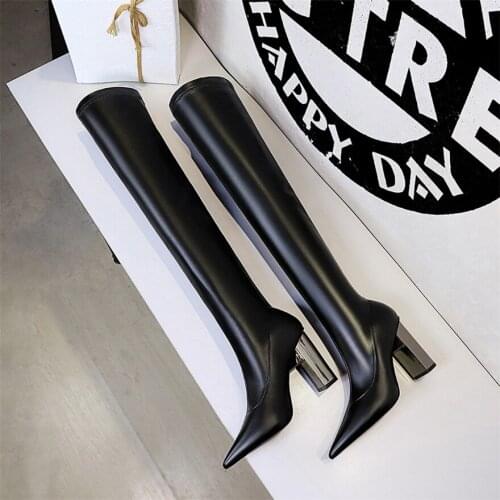 Size 34-43 Soft Leather Long Boots for Women Fashion Metal Thick High Heels Over the Knee Boot Pointed Toe Autumn Booties Female