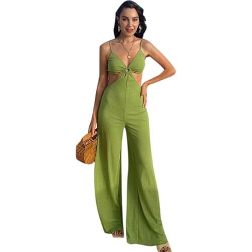 Green Jumpsuit Women Straps Backless High Waist Wide Leg Jumpsuit Slim Hollow Streetwear Elegant Beach Clothes Female LD2294