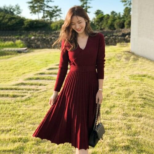 4 colors available new arrival fashion knit bouncy formal dress temperamental high quality warm vintage elegant a-line dress