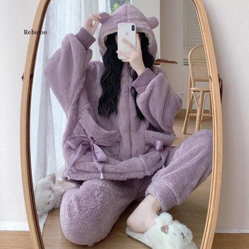 Winter Pyjamas Cartoon Women Sleepwear Coral Velvet Pajamas Add Fleece and Thicken Pajamas Hooded Plush Cardigan lounge wear pjs