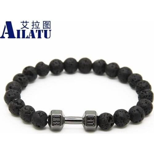 Ailatu Powerful Mens Gift Alloy Metal Barbell with Lava Rock Stone Beads Fitness Live or Life Dumbbell Bracelet