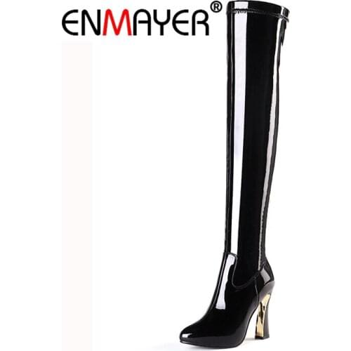 ENMAYER Women Over the knee Boots Pointed toe Platform shoes Fashion boots High heel Zipper Patent Leather Hoof heels CR1480