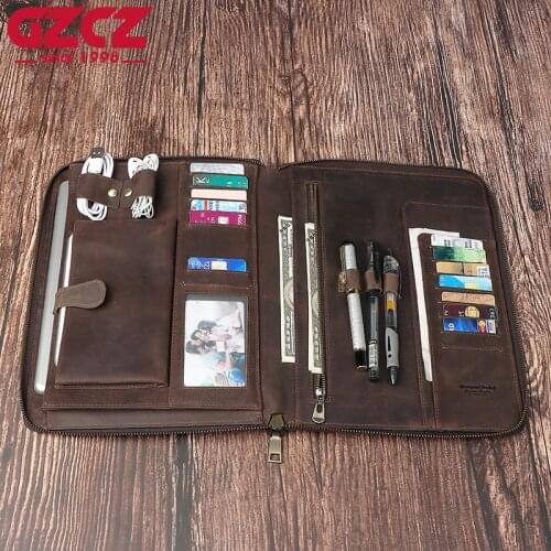 GZCZ Cowhide Leather Business Multifunction iPad Handbag Crazy Horse Leather Men Clutch Business Bag High Capacity Male Bags