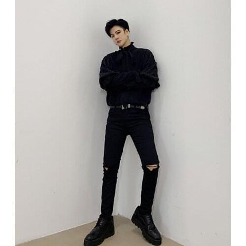 Homens preto fino ajuste buraco rasgado calças de brim masculino feminino punk gótico streetwear moda hip hop magro denim lápis