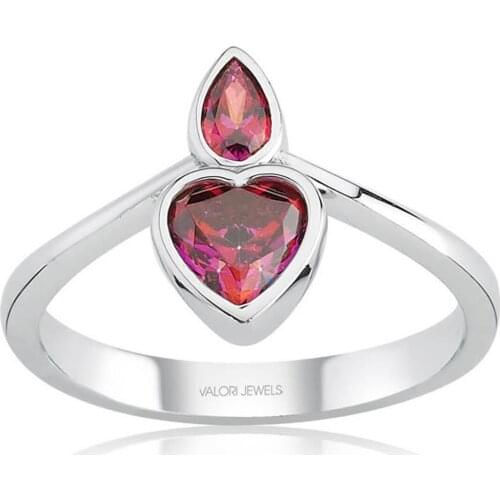 Valori Jewels 0.95 Carat, Zirconia Red Heart And Pear Gemstone, Rhodium Plated, Sterling Silver Ring