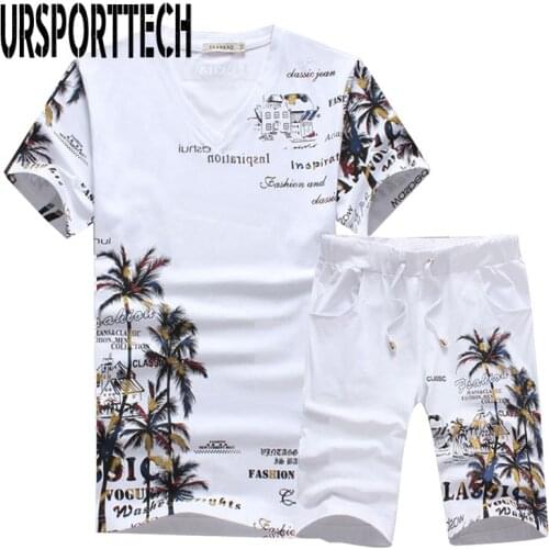 Two Piece Set Men Short Sets Summer Men Casual Coconut Island Printing Suits For Men Chinese Style Suit Sets T Shirt +Pants 5XL
