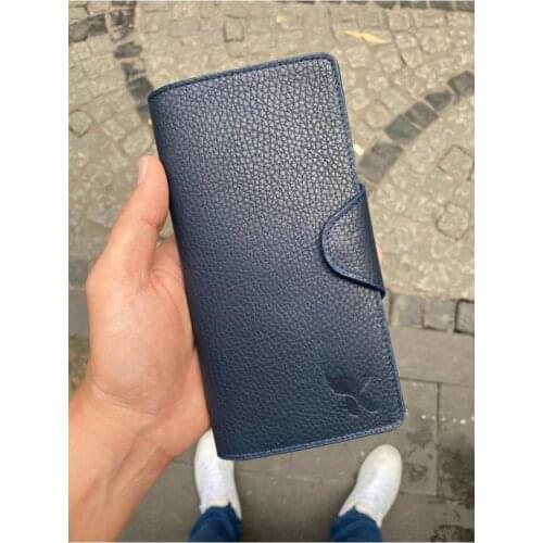 Karali Leather Phone Compartment Navy Blue Ziplock Genuine Leather Wallet