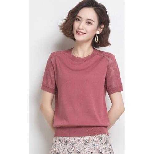 Lace Short Sleeve Ice Silk t Shirt Women 2021 Summer New Knitted Tee Shirt Female Clothing Thin Slim Vintage Camisetas De Mujer