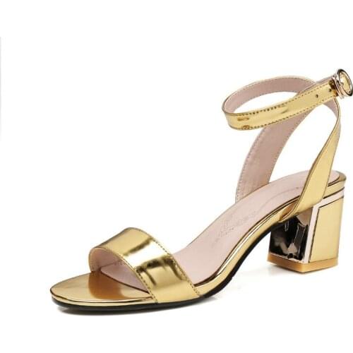 New Women Square High Heel Sandals Genuine Leather Summer Shoes Woman Casual Shoes Size 34-43 Gold Silver