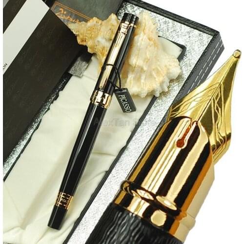 Picasso 917 Metal Fountain Pen Gloss Black And Golden Medium Nib For Office Business Writing Pens New