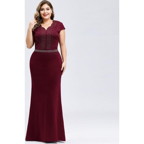 Evening Dress Ruched V-Neck Fashion Pleat Beads A-Line Short Sleeves Floor-Length Zipper Back Plus Size Women Formal Gowns D923
