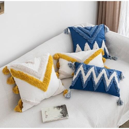Handmade Cushion Cover Moroccan Style Abstract Zigzag Navy Blue Pillowcase Tassels Fringe Square Rectangle Pillow Cover 45x45cm/30x50cm Home Decoration Mustard