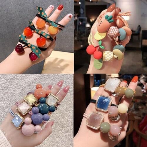 Popular cherry head rope hair ring rubber band tie hair rope leather jacket headdress female adult students simple fashion