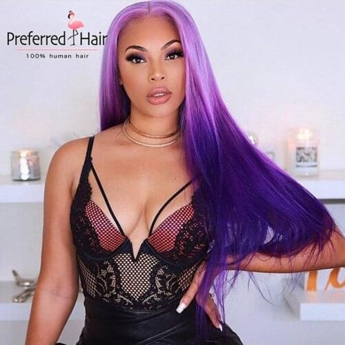 Preferred Transparent Lace Wigs Brazilian Remy Straight Pink Green Purple 13x6 Ombre Lace Front Human Hair Wigs For Black Women