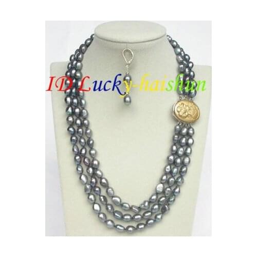 Selling Jewelry>>>20" 3row 12mm peacock black pearls necklace dangle Earrings seashell clasp j8552