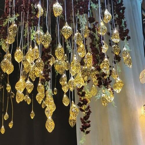Wedding Ceiling Decorate 10 Heads Gold Leaf Chandelier Christmas Layout Props Home Room Creative Air Hanging LED String Lights