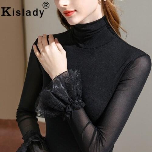 2020 Winter Turtleneck Flare Sleeve Women Shirts Plus Size Sexy Lace Tops Gothic Harajuku Shirts Korean Fashion Kawaii Clothing