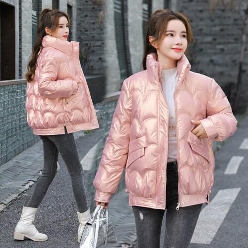 2021 Winter Womans Short Glossy Puffer Jacket Stand Collar Casual Thick Down Cotton Parkas Plus Size Female Bubble Coat Outwear