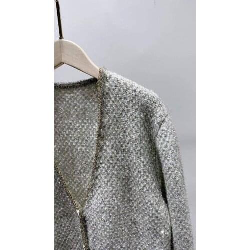 Women Knitted Cardigan Long Sleeve V-neck Sweater Glitter Patch Pocket Single-Breasted Knitwear Ladies Tops and Shirt OL Office