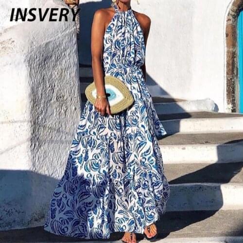 Spring Summer Halter Long Dress Women Sleeveless A-Line Dresses For Women Backless Floral Print Party Dress 2021 Beach Dress