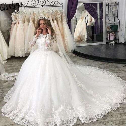 Arabic Long Sleeves Lace Ball Gown Wedding Dresses with Appliques Court Train Lace-up Back Tulle Plus Size Bridal Gowan Vestidos